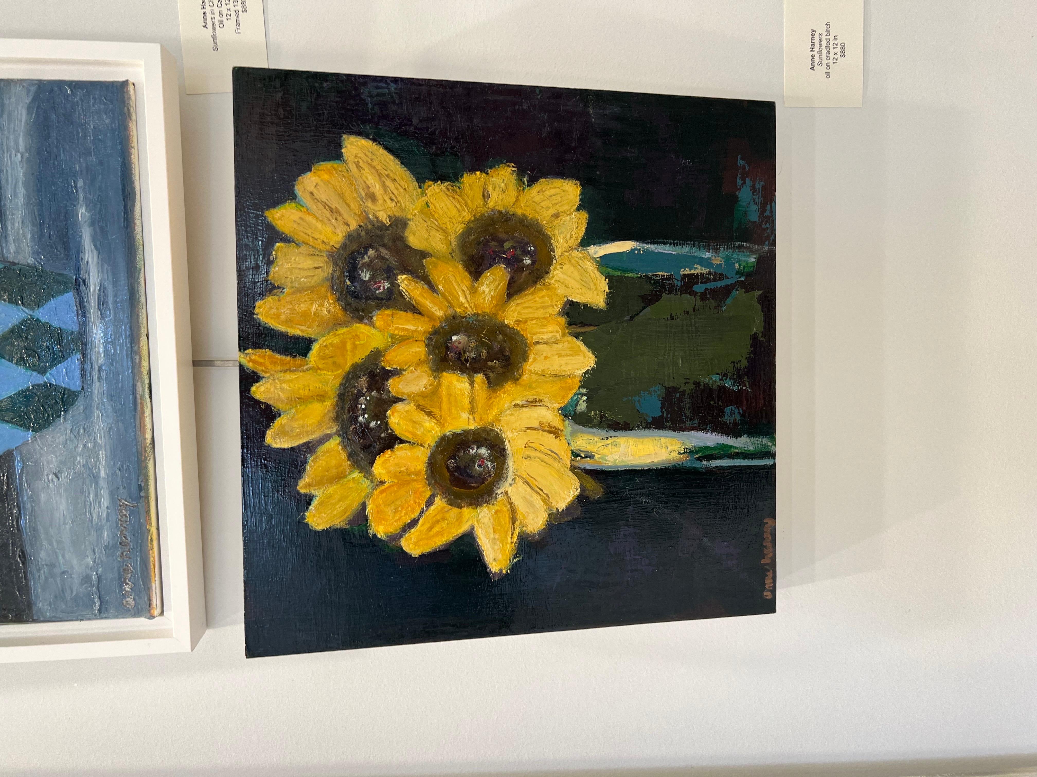 Sunflowers in Clear Vase by Anne Harney, Contemporary Floral Still Life Painting 1