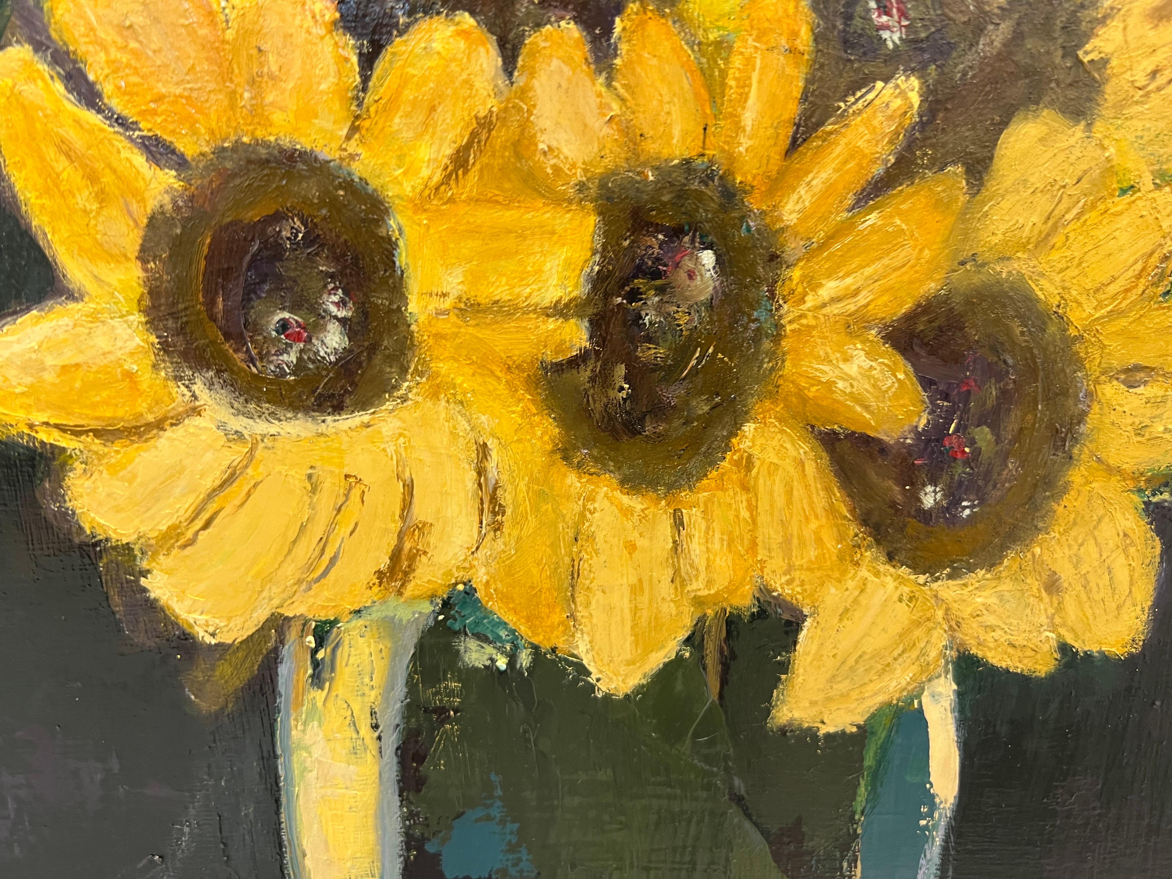 Sunflowers in Clear Vase by Anne Harney, Contemporary Floral Still Life Painting 5