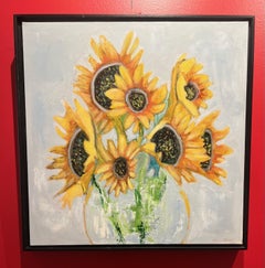 "Sunflowers" small scale oil painting of yellow sunflowers in a clear vase