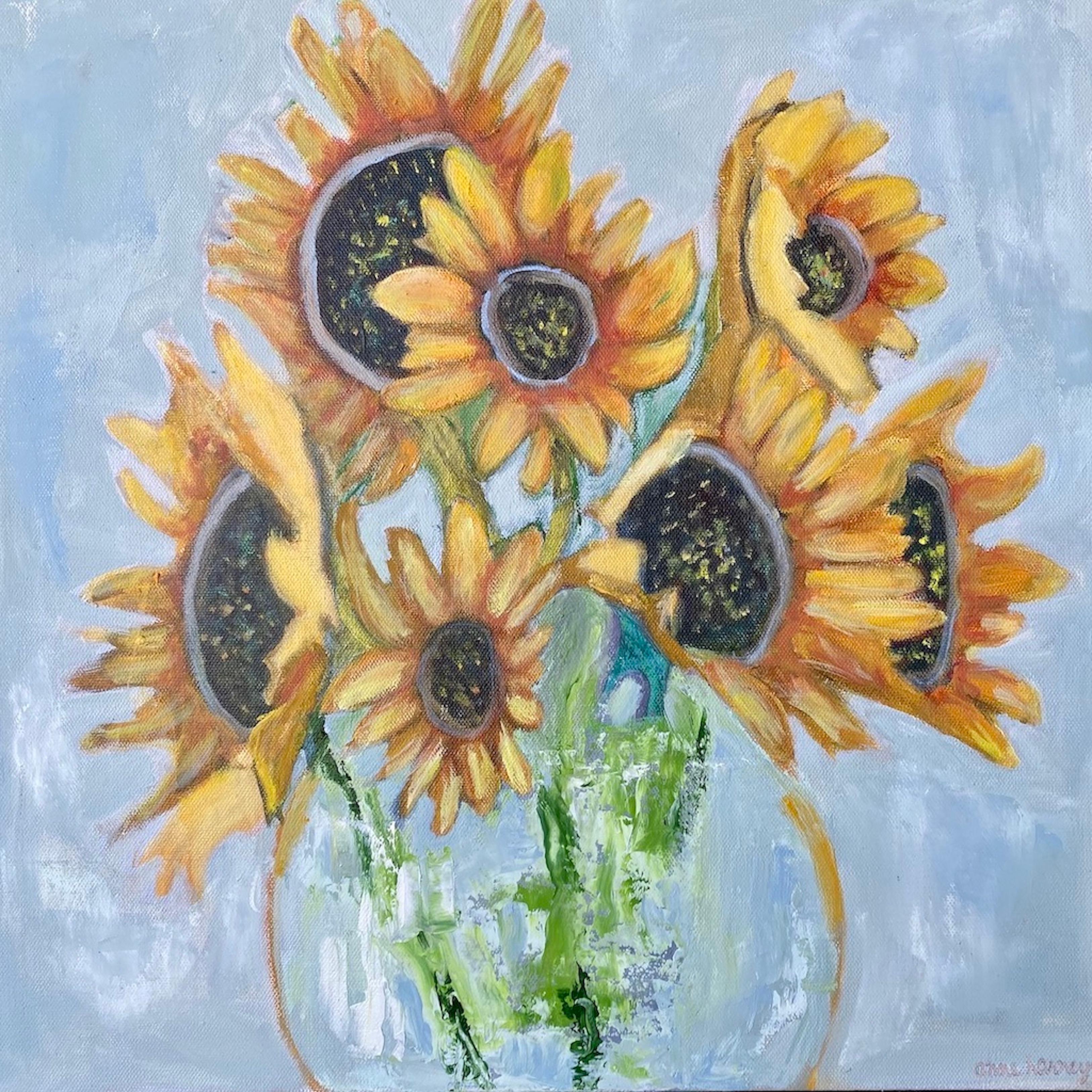 Anne Harney Still-Life Painting - "Sunflowers" small scale oil painting of yellow sunflowers in a clear vase