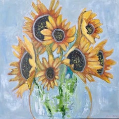 "Sunflowers" small scale oil painting of yellow sunflowers in a clear vase