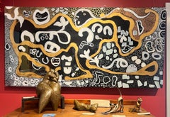 "Tashmoo III" Black, white, and gold abstract painting with a resin finish.