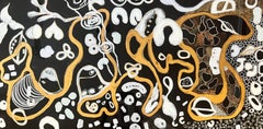 "Tashmoo III" Black, white, and gold abstract painting with a resin finish.
