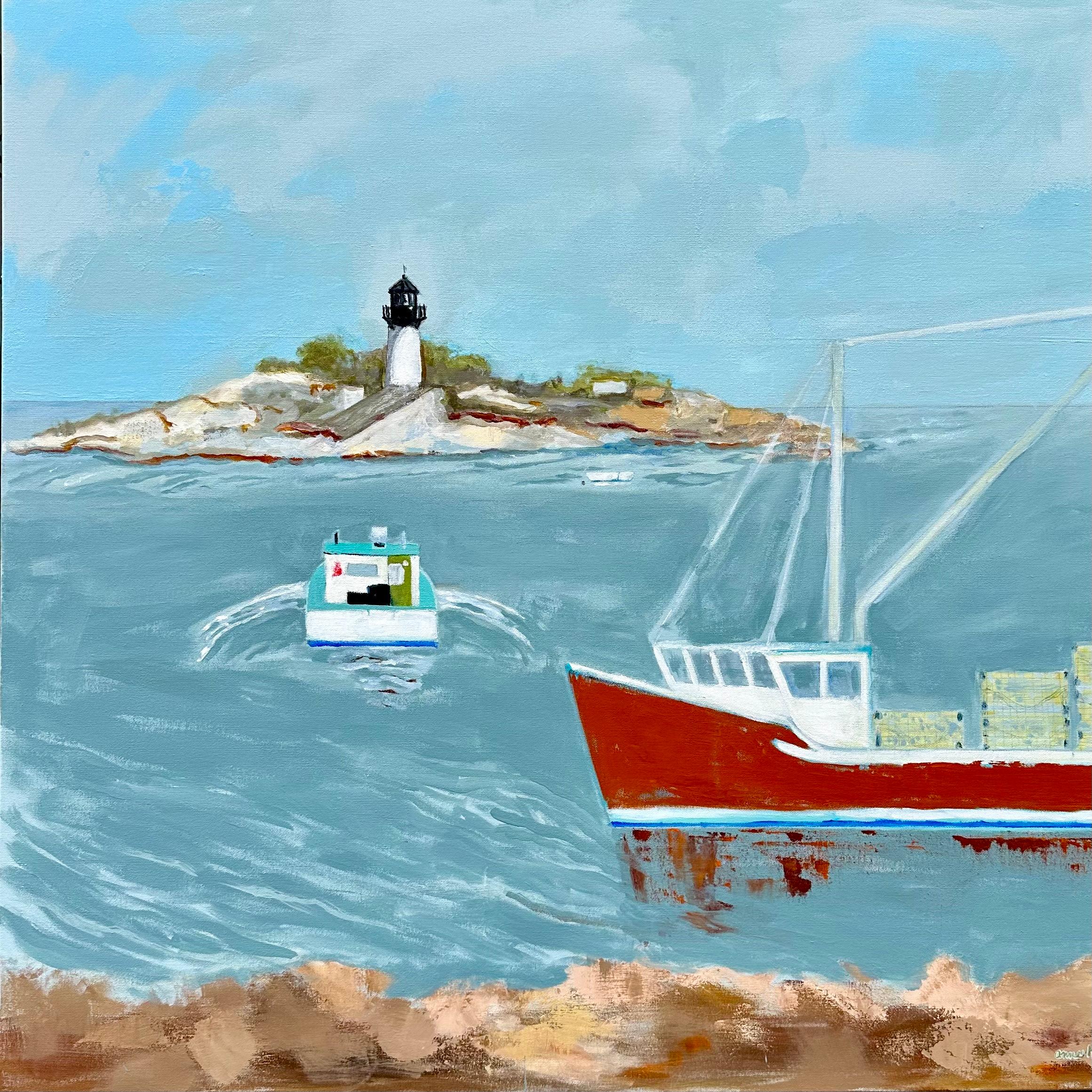Barcos de la "Isla de las Diez Libras" navegan de orilla a orilla, con el faro detrás