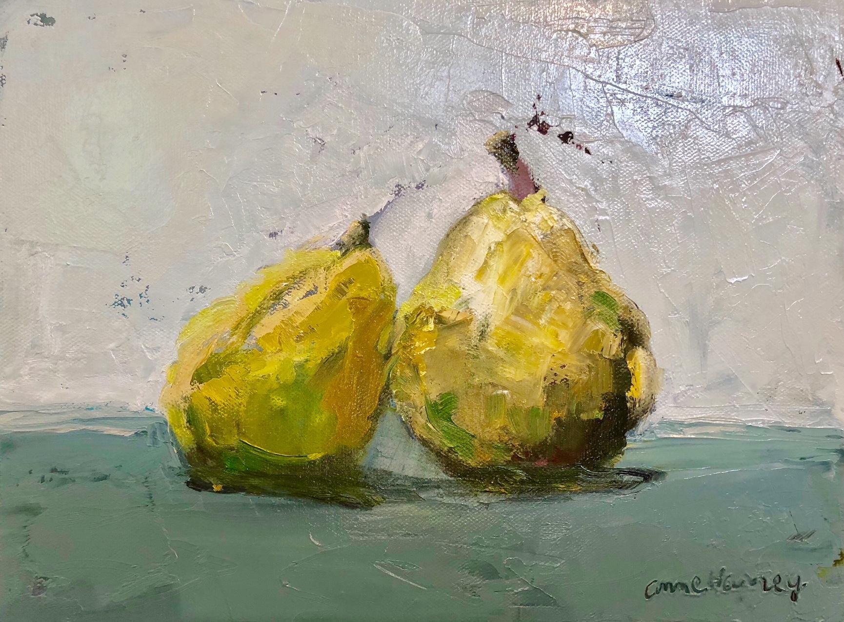 Anne Harney Still-Life Painting - "The Duo" painterly still life of two green pears leaning on each other