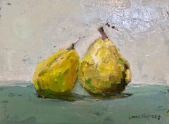 "The Duo" painterly still life of two green pears leaning on each other