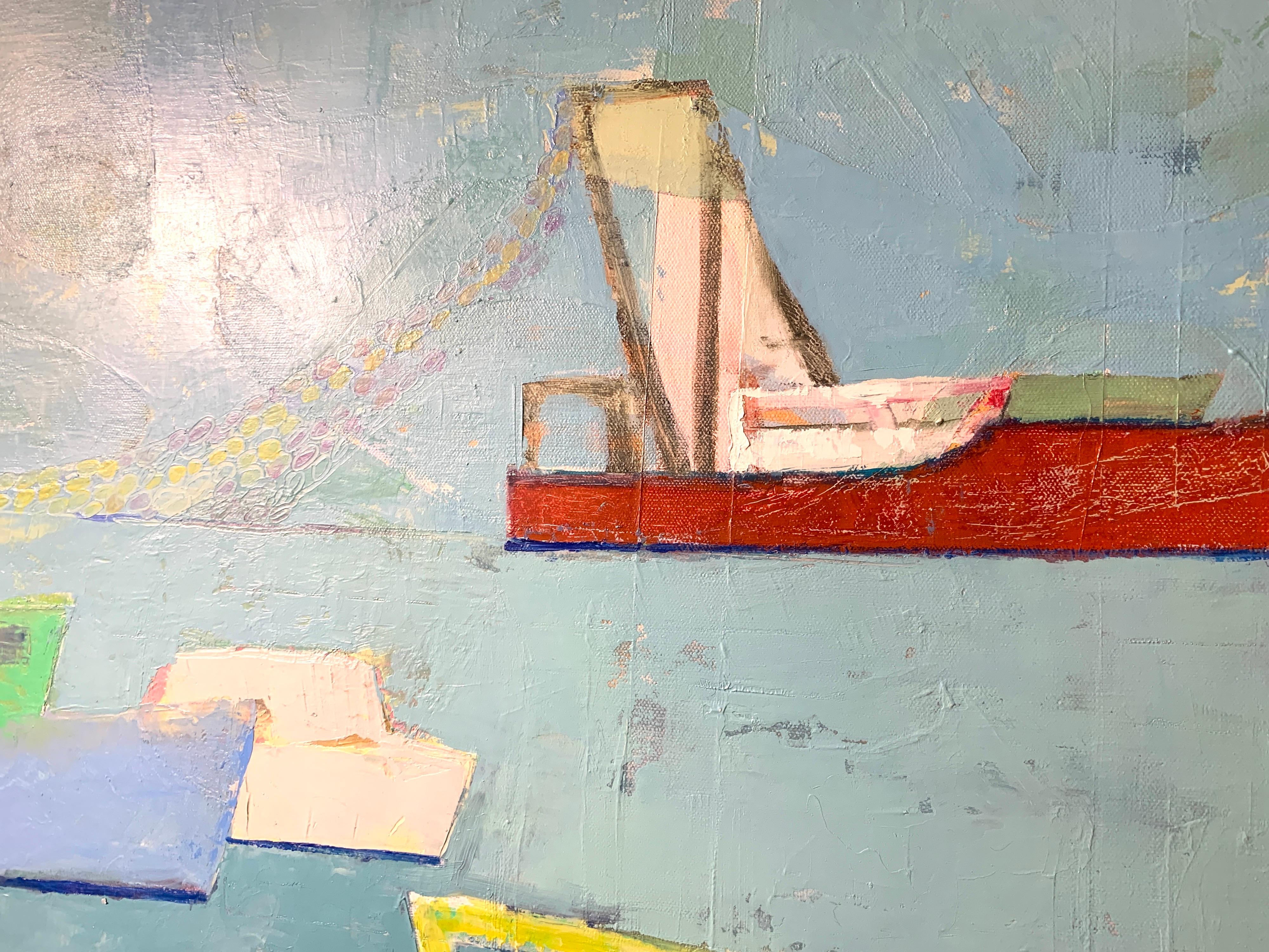 The Trawler by Anne Harney, Pink & Blue Contemporary Oceanscape Painting 3