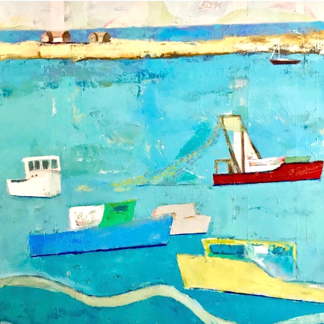 Anne Harney Figurative Painting - "The Trawler" Oil Painting of a ship filled harbor against a blue sea.