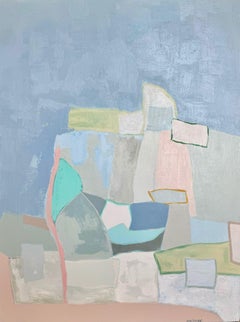 Traces en bleu par Anne Harney, pastel bleu, rose, nature morte abstraite