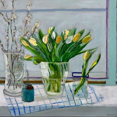 Pintura Naturaleza Muerta Tulipán, Óleo Floral Colorido sobre Lienzo 36x36