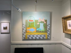 Tulips and Tuna by Anne Harney, Square Pink and Blue Fauvist Still Life Painting
