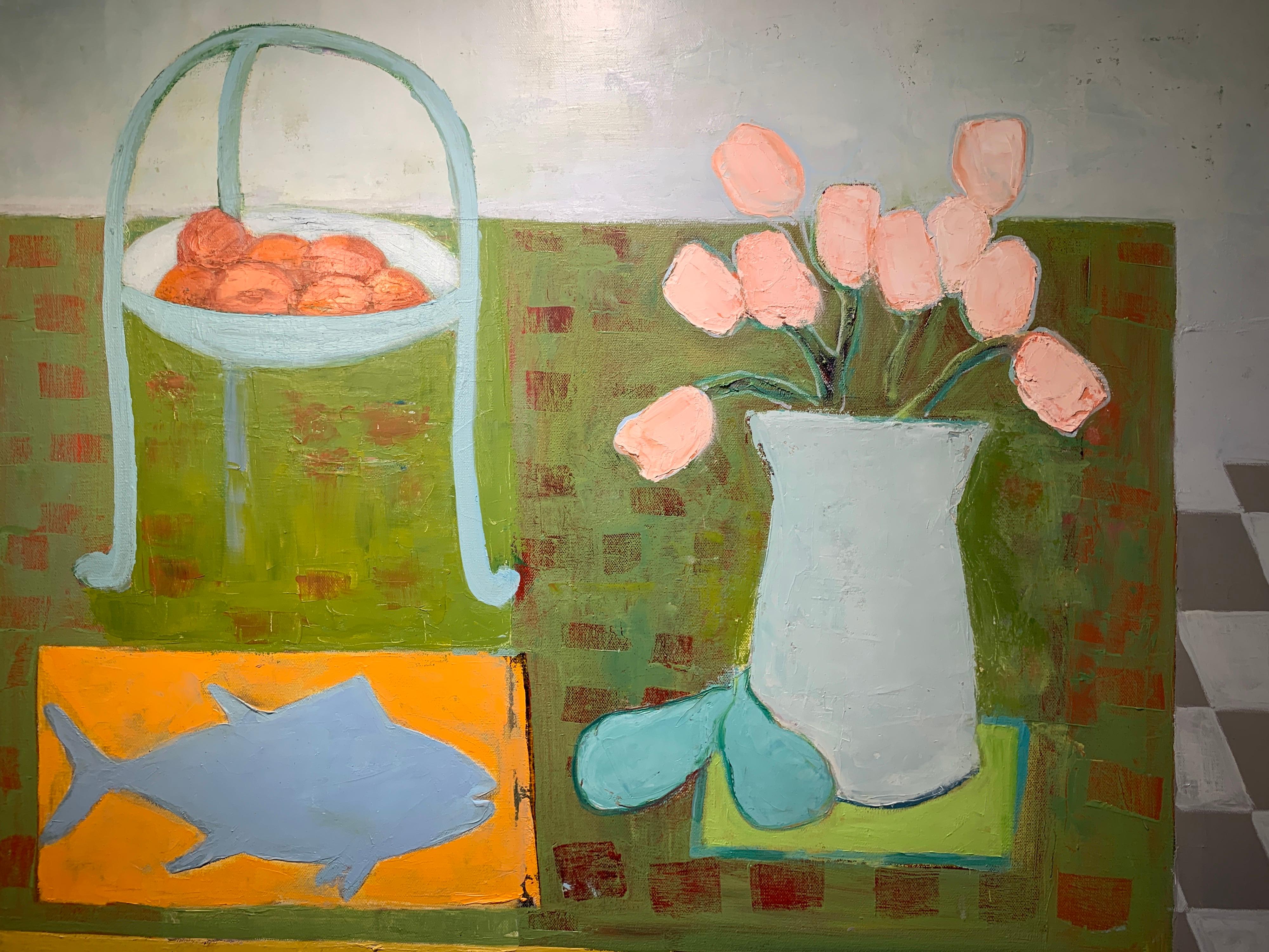 Tulips and Tuna by Anne Harney, Square Pink and Blue Fauvist Still Life Painting 4