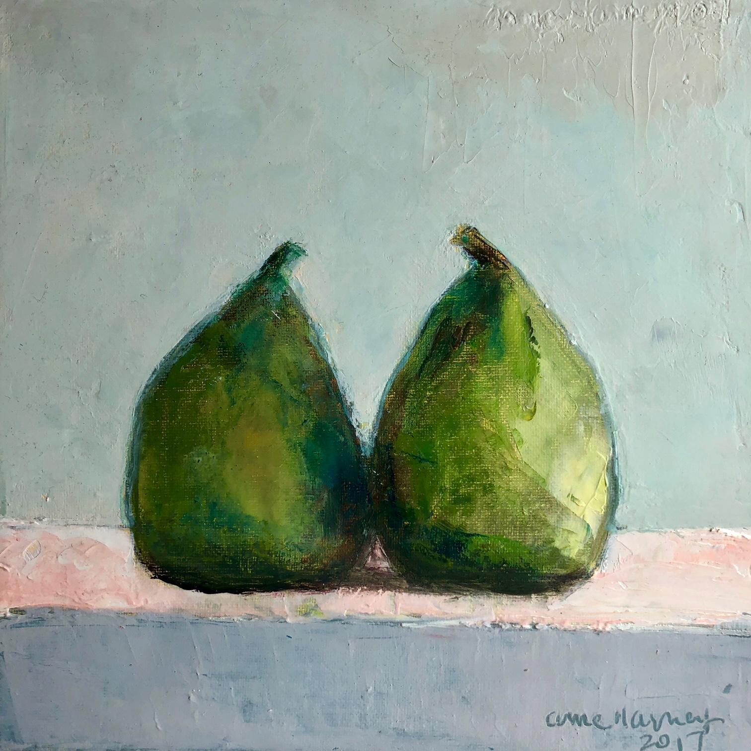 Anne Harney Still-Life Painting - "Twins" Still Life of Two Green Pears with Cool Neutral Background