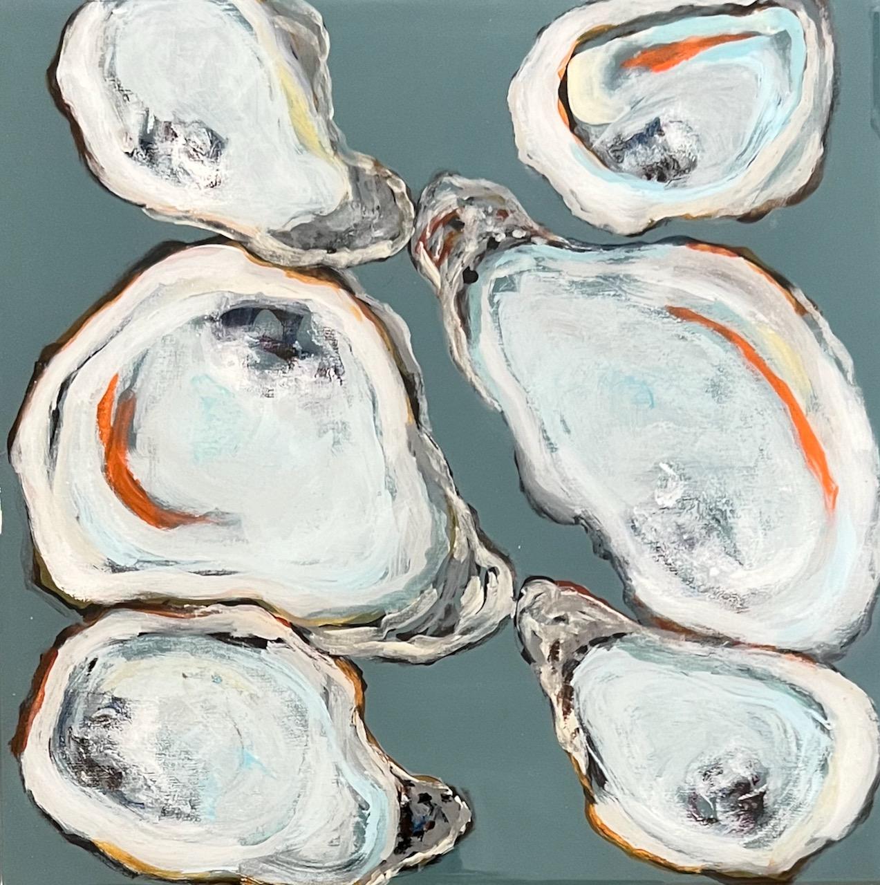 Anne Harney Still-Life Painting - "Under the Bridge Oysters" mixed media painting of six oysters, grey background