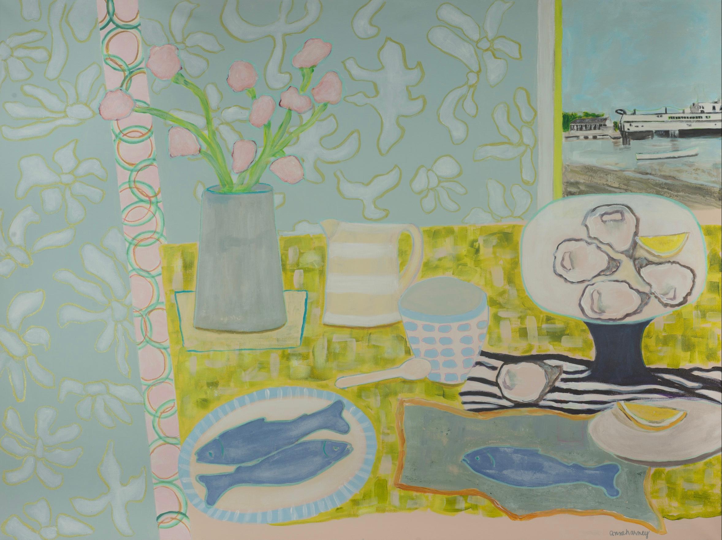 "Vineyard Bound" fish, oysters, and flowers garnish a seaside kitchen table - Mixed Media Art by Anne Harney