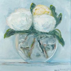 White and Yellow Rose by Anne Harney, Contemporary Oil on Canvas Floral Painting