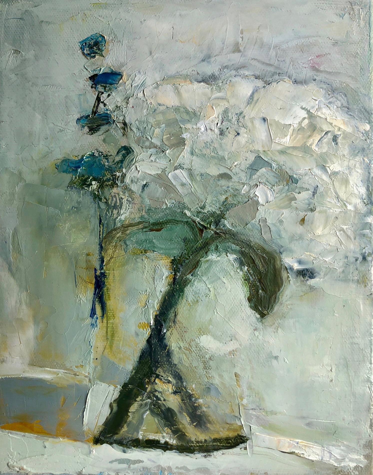 Anne Harney Still-Life Painting - "White Hydrangea" Abstract still life of white flowers