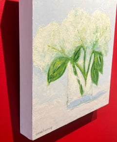 "White Hydrangeas" small scale oil painting of white flowers in clear vase