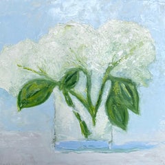 Peinture à l'huile à petite échelle « White Hydrangeas » de fleurs blanches dans un vase transparent