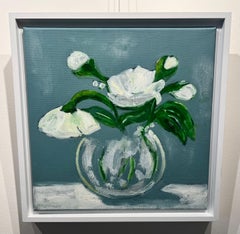 "White Peonies" small scale oil painting of white flowers in round clear vase