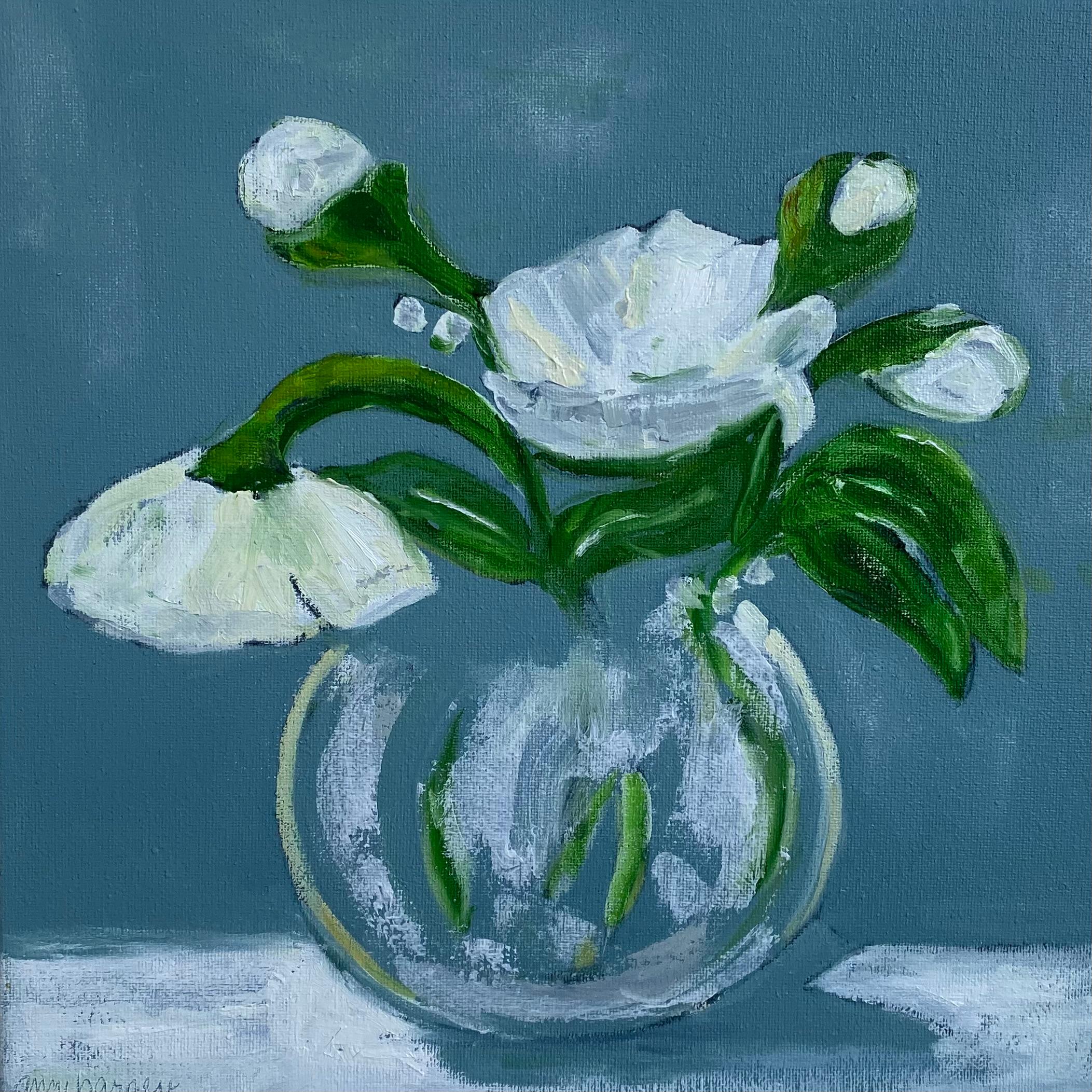 Anne Harney Still-Life Painting - "White Peonies" small scale oil painting of white flowers in round clear vase