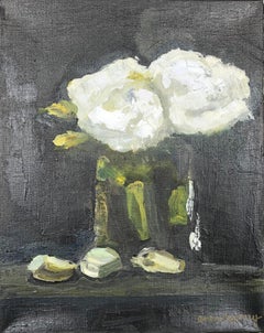 "White Roses and Brussels Sprouts" impressionist style still life black behind