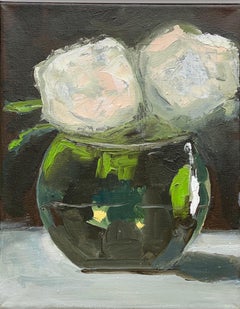"White Roses in Round Vase" oil painting of white flowers in a round vase with