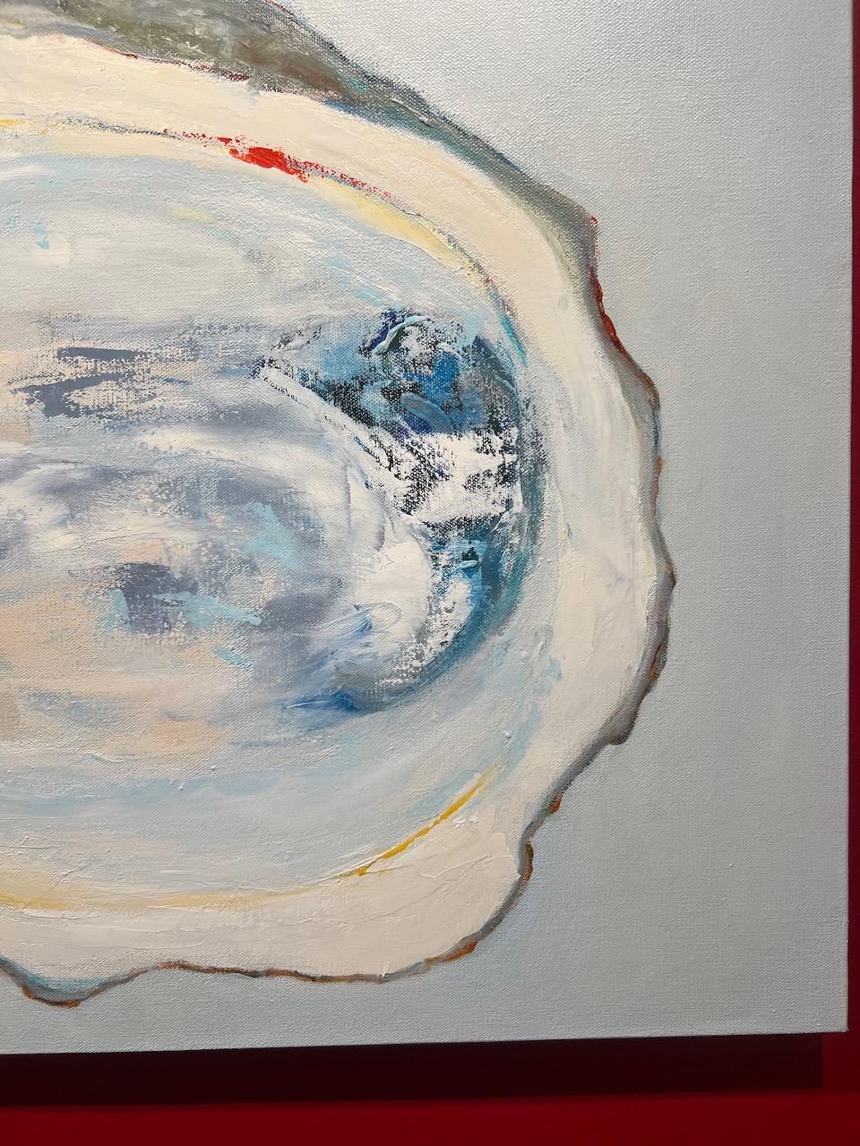 Peinture à l'huile carrée « Wild Bay Oysters » représentant deux huîtres blanches sur fond gris 1