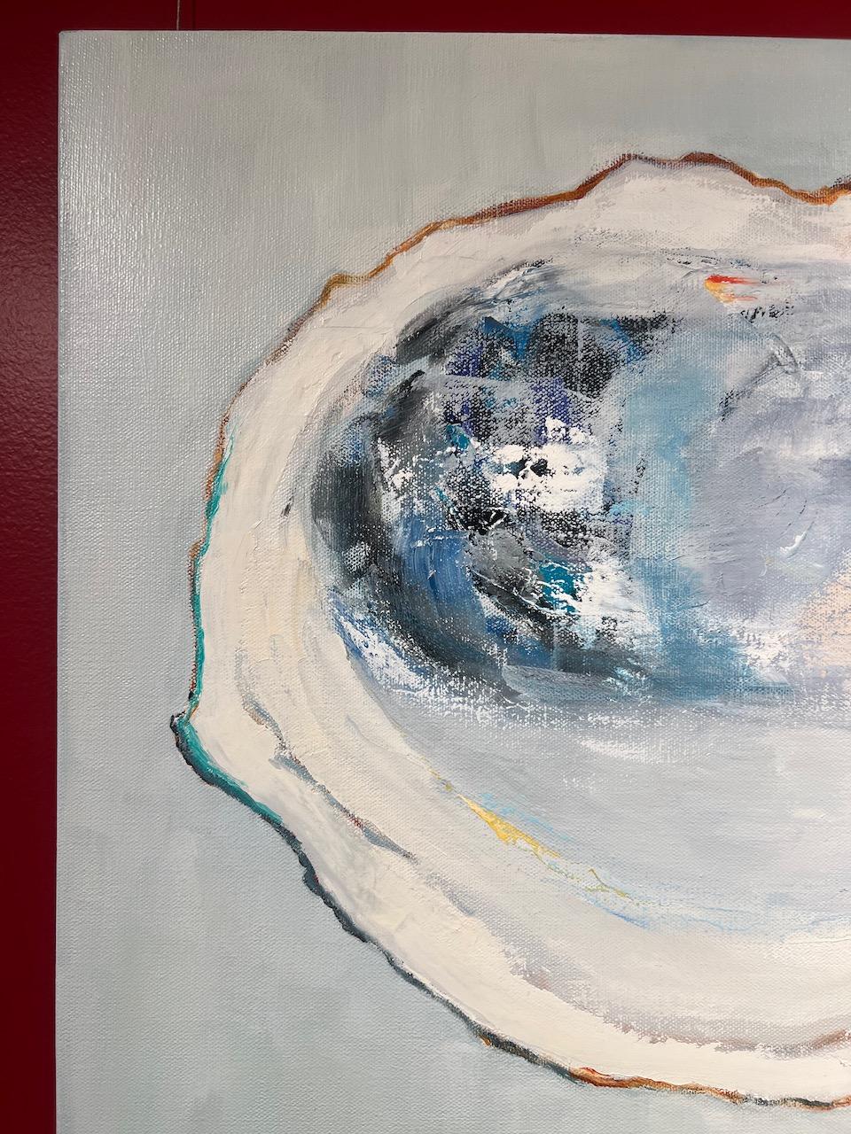 Peinture à l'huile carrée « Wild Bay Oysters » représentant deux huîtres blanches sur fond gris 2