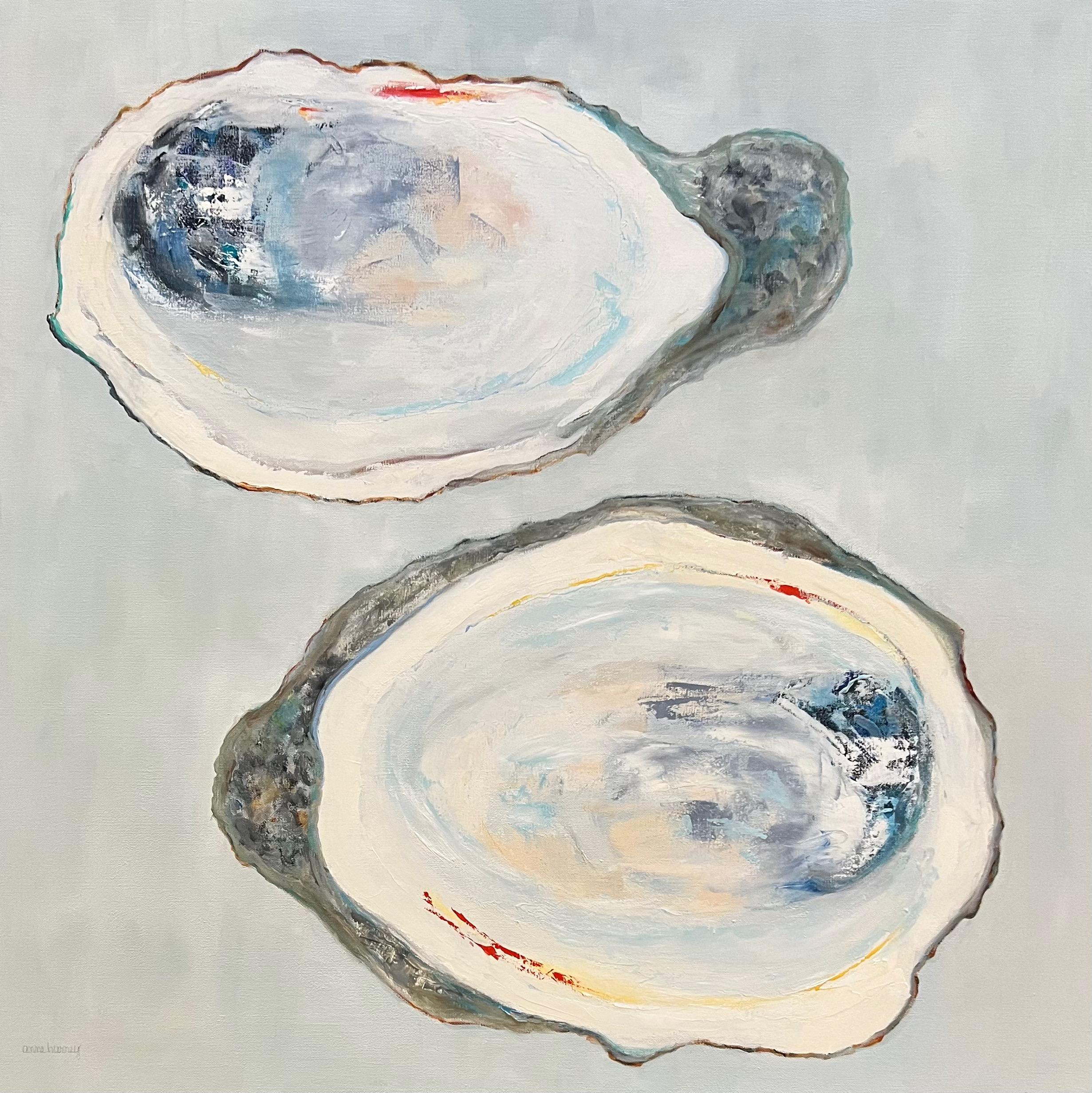 Anne Harney Still-Life Painting - "Wild Bay Oysters" square oil painting of two white oysters with gray background