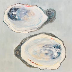 Peinture à l'huile carrée « Wild Bay Oysters » représentant deux huîtres blanches sur fond gris