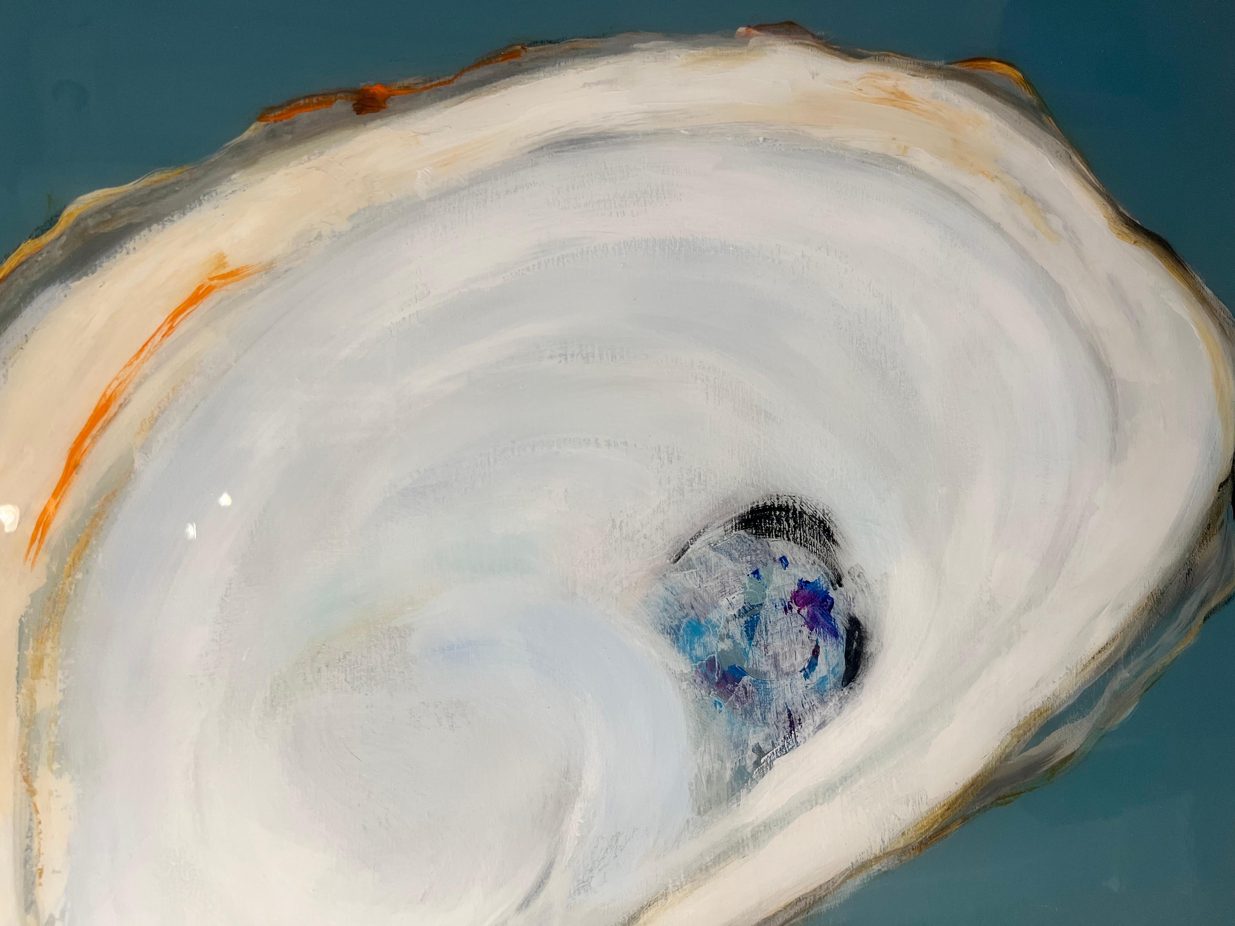 Peinture technique mixte « Wild Oysters » représentant 3 huîtres blanches sur fond gris foncé en vente 2