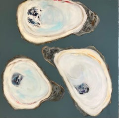 "Wild Oysters" Mixed media painting of 3 white oysters with dark gray background