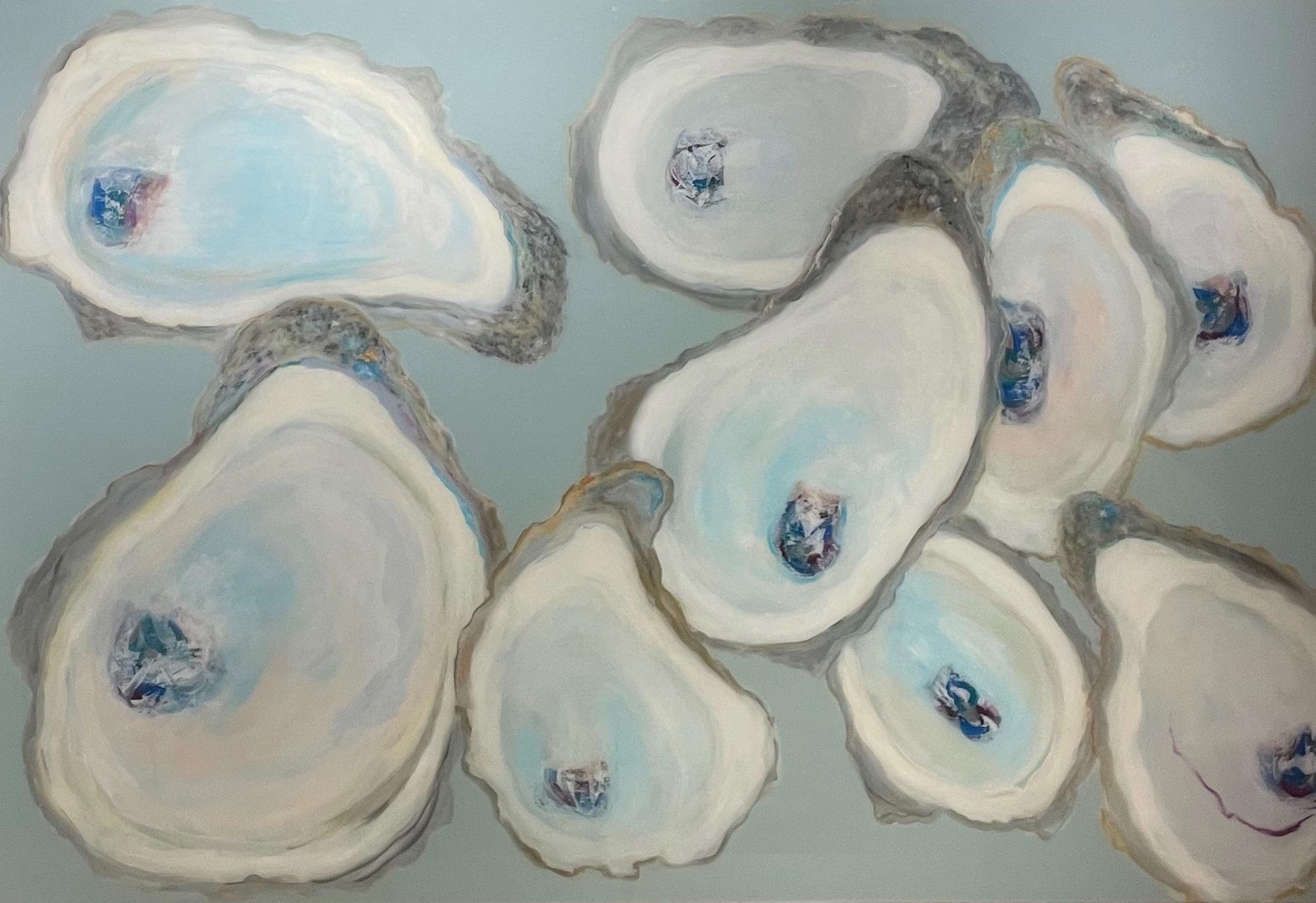 „Wild Oysters“ Haufen aus neun Austern glänzen in Blau, Violett und Weiß