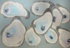 "Wild Oysters" pile of nine oysters shine in blues, purples, and whites