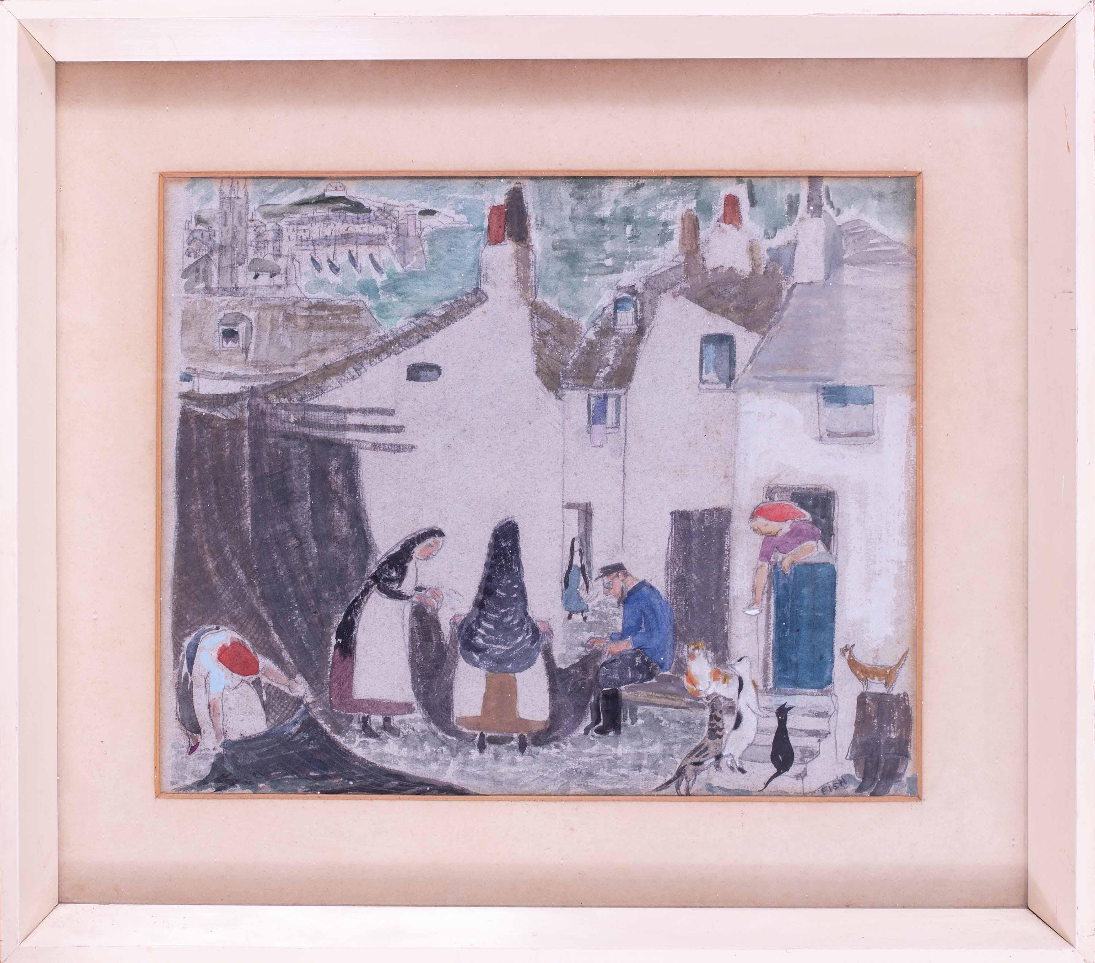 'The Cats of St. Ives' scene by British female artist Anne Harriet Sefton Fish 