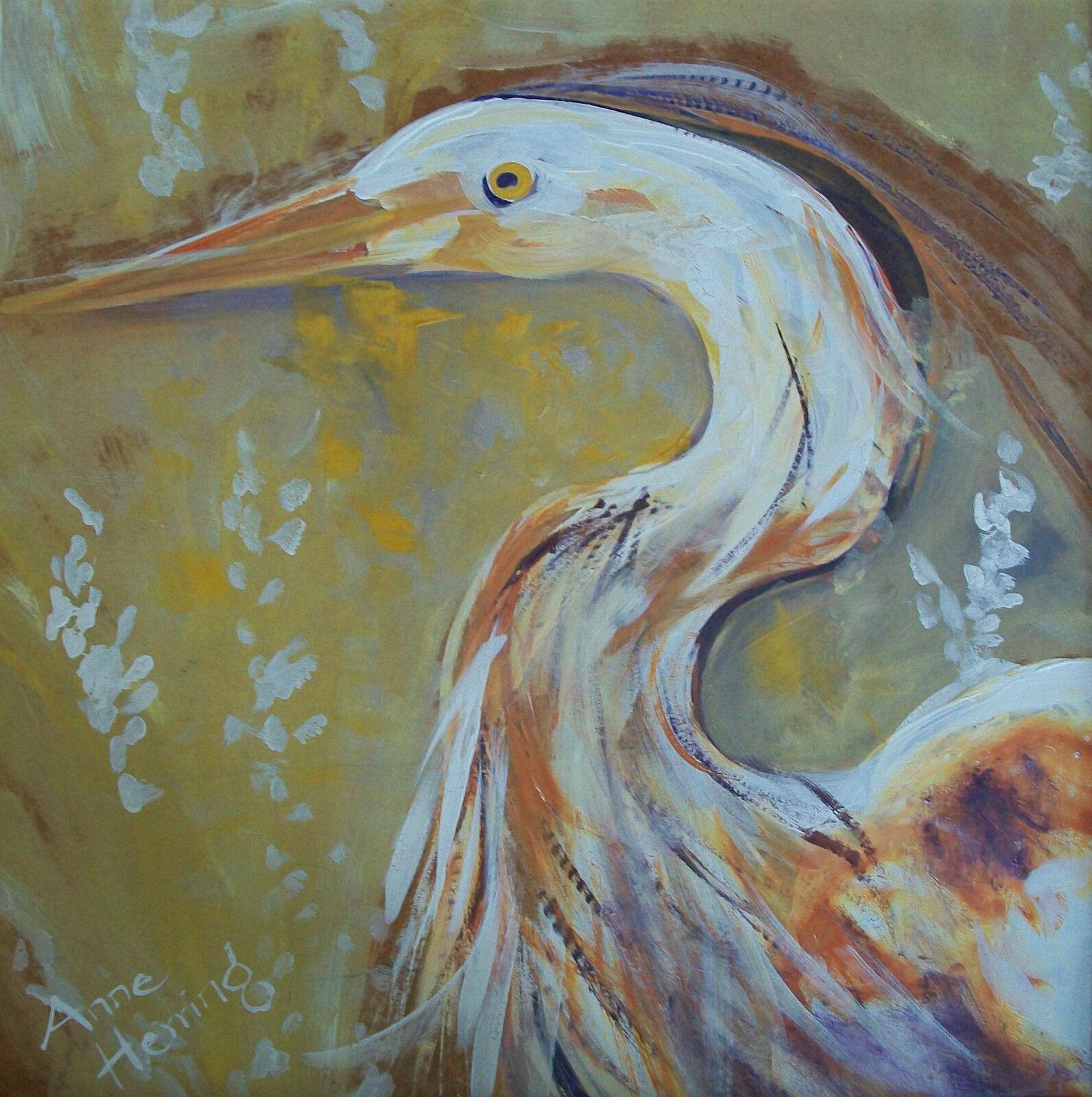 ANNE HERRING - 'Full Plumage - Heron' - Pittura acrilica vintage in stile modernista su pannello di masonite - firmata in basso a sinistra - firmata e titolata sul retro - cornice originale - Stati Uniti - anni '80 circa. 

Condizioni vintage