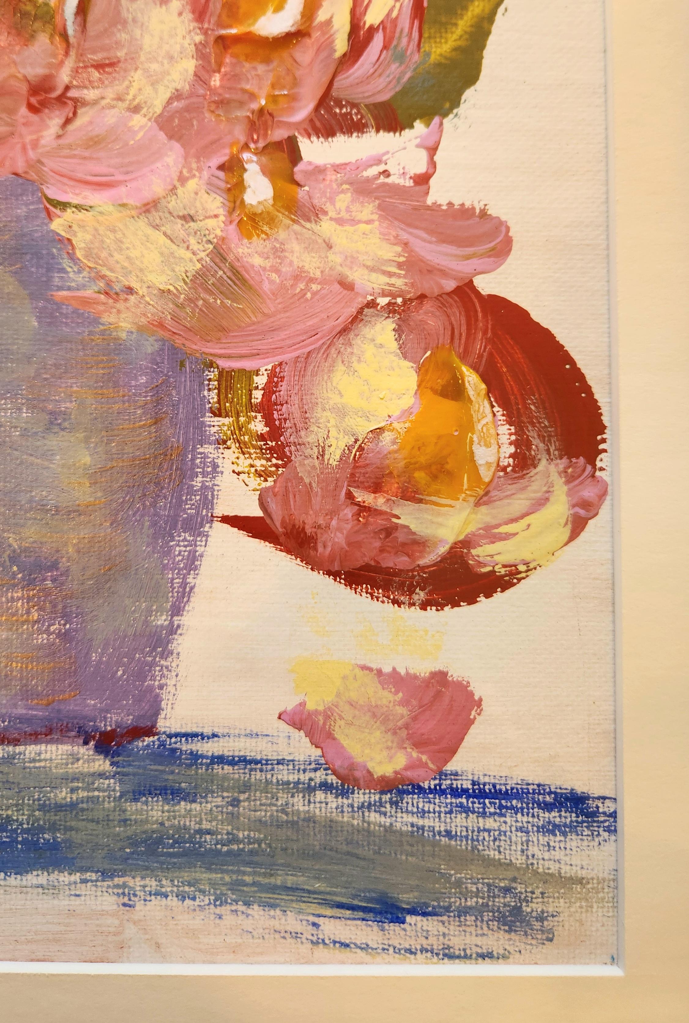 Mixed Media Painting -- Lisianthus in a Blue Vase For Sale 2