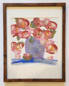 Mixed Media Painting -- Lisianthus in a Blue Vase