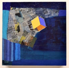 "Box in Bleak Weather", Abstrakt, Würfel, Blau, Gelb, Acryl, Mischtechnik