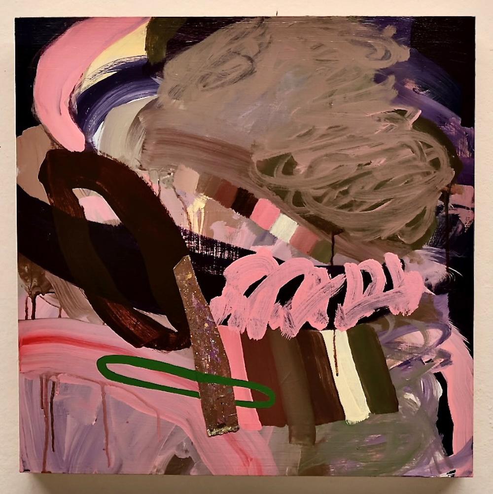 Anne Johnstone’s “Cotton Candy Interference” is an acrylic painting on cradled board with collage. The 24 x 24 x 1.5 inch abstract painting with swirling pastel pinks, purples, and browns, features bold brushstrokes and textured layers that evoke