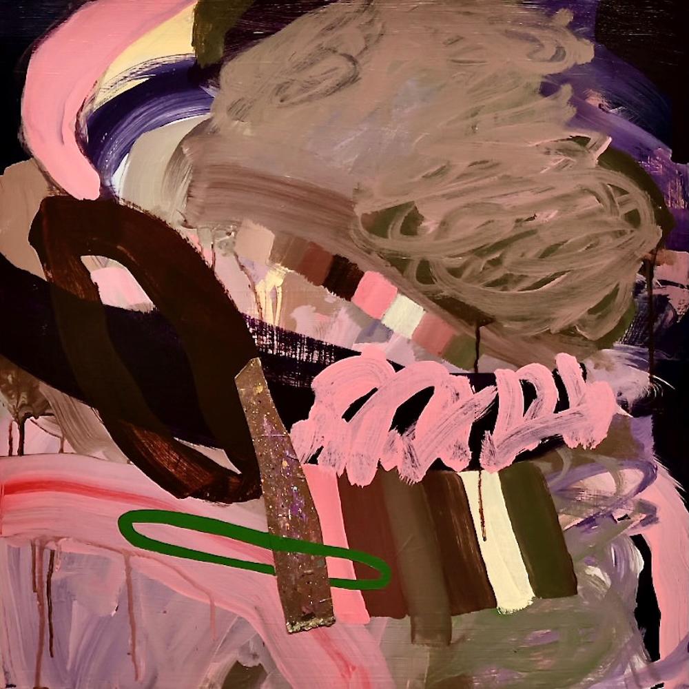 Anne Johnstone Abstract Painting - "Cotton Candy Interference", Abstract, Pink, Brown, Collage, Acrylic Painting