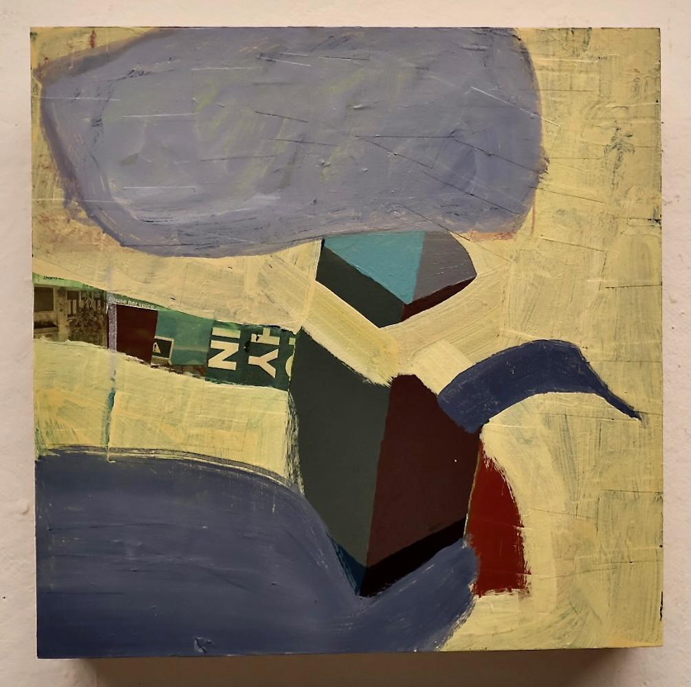 Anne Johnstone’s abstract, “Down River”, is 12 x 12 inch mixed media on board. It demonstrates sophisticated balance between organic and geometric elements. Large, fluid shapes in soft blue and gray dominate the upper and lower canvas, creating