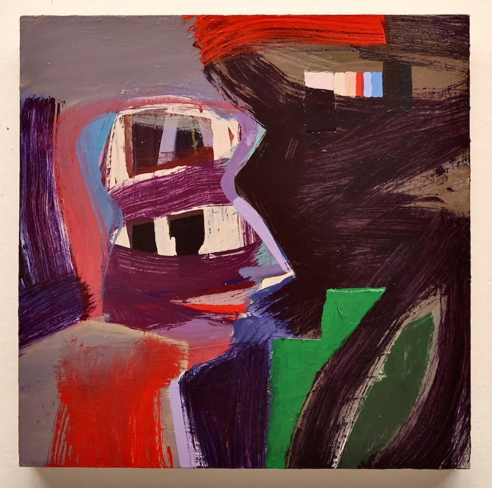 Anne Johnstone’s 24 x 24 inch abstract acrylic painting, “Long Time Comin'”, features two face-like profiles facing each other. The left profile displays purples and reds with a striking eye of black and white vertical lines intersected by purple,