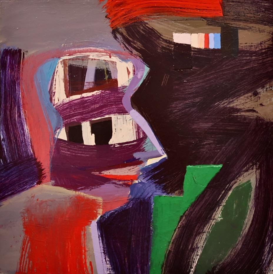 Anne Johnstone Abstract Painting - "Long Time Comin'", Abstract, Face, Black, Red, Green, Acrylic Painting