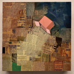 "Rocket Box", Abstrakt, Zeitung, Text, Collage, Acryl, Gemälde in Mischtechnik