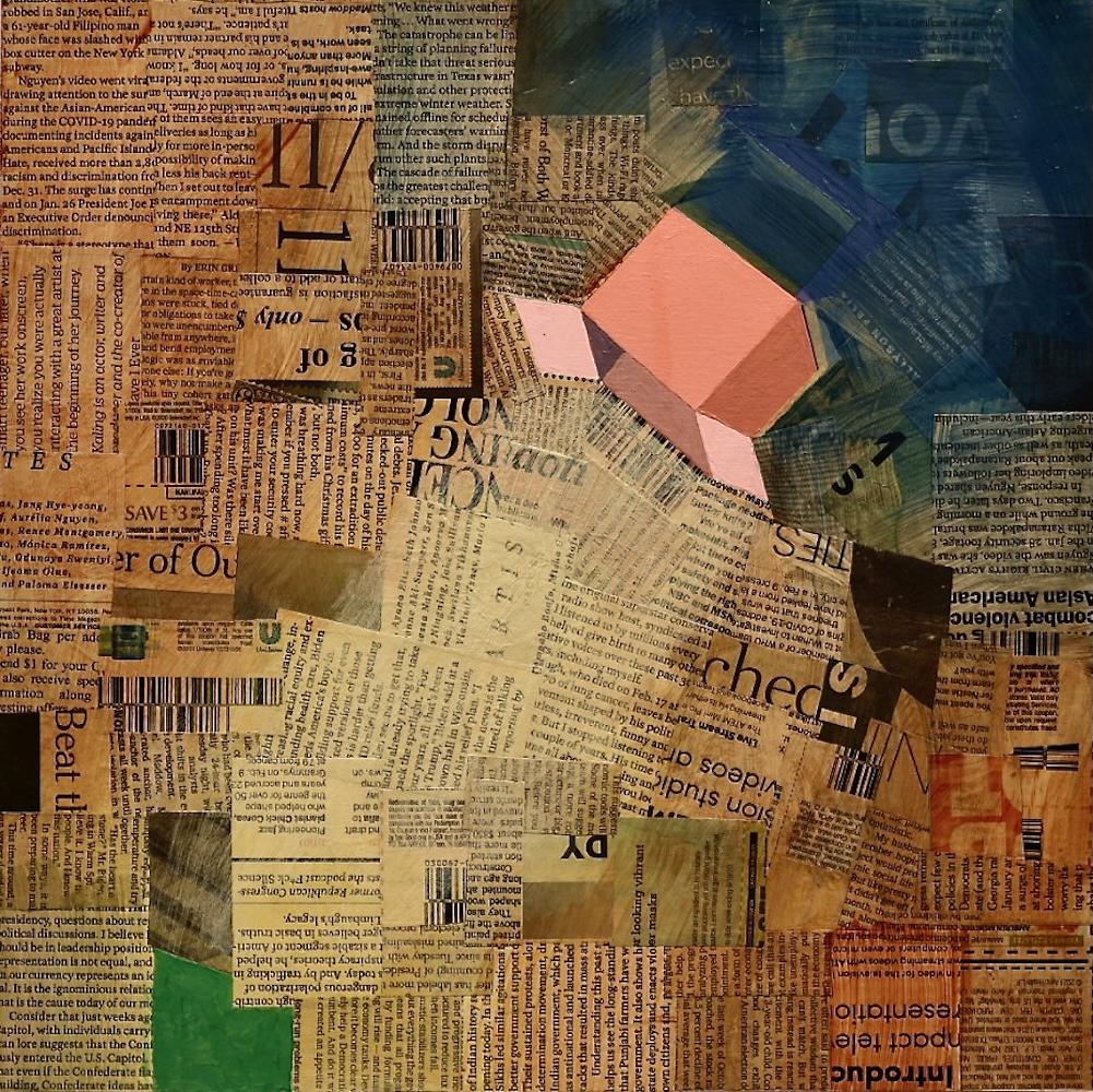 Anne Johnstone Abstract Painting – "Rocket Box", Abstrakt, Zeitung, Text, Collage, Acryl, Gemälde in Mischtechnik