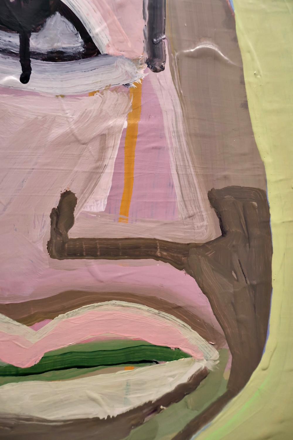 Anne Johnstone’s, “She in Her Green Fedora”, is a 20 x 16 x 1.5 inch abstract acrylic painting on cradled board. The image features a stylized portrait painted in bold, abstract manner with geometric shapes and contrasting colors, evoking Cubist