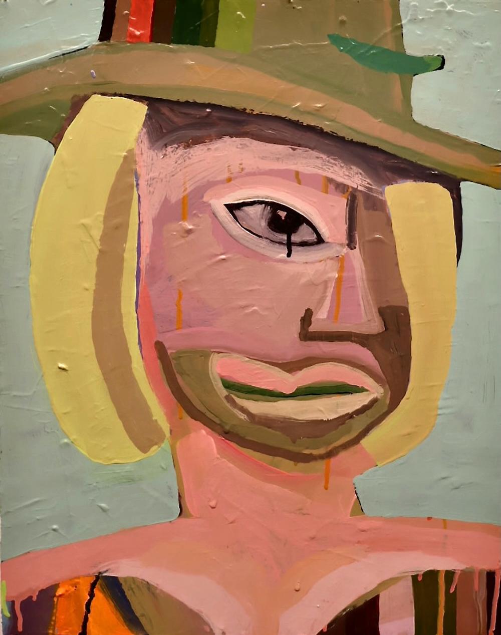 "She in Her Green Fedora", Abstract, Cubist, Portrait, Acrylic Painting