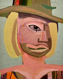 "She in Her Green Fedora", Abstract, Cubist, Portrait, Acrylic Painting